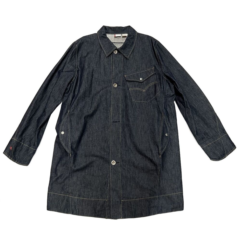 Levi's Engineered Jeans Dark Wash Long Denim Jacket Size XL Button Front Ribbed